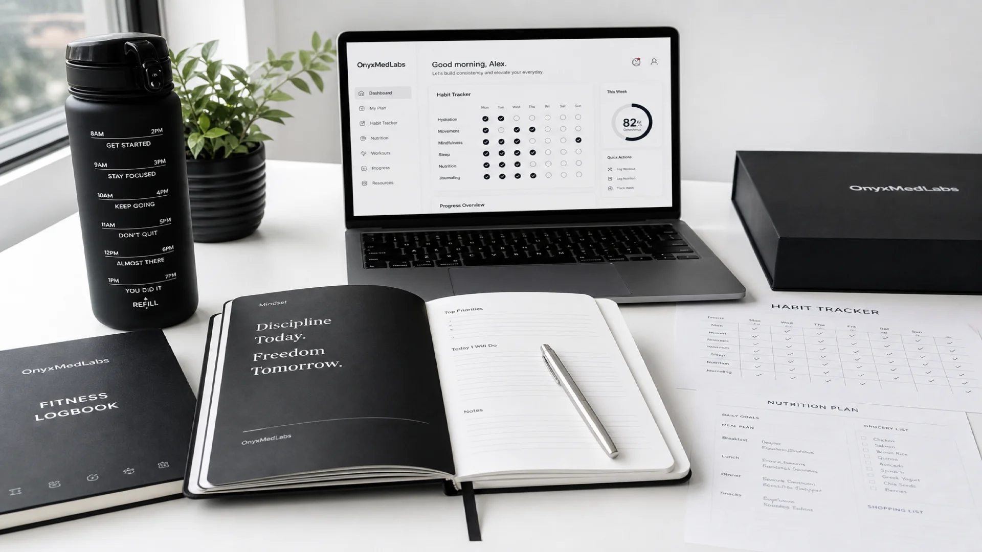 Premium wellness desk with planners, journal, and hydration bottle